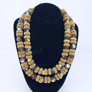 VENDOME Vintage Antique Aurora Borealis Crystal and Gold Double Strand N…